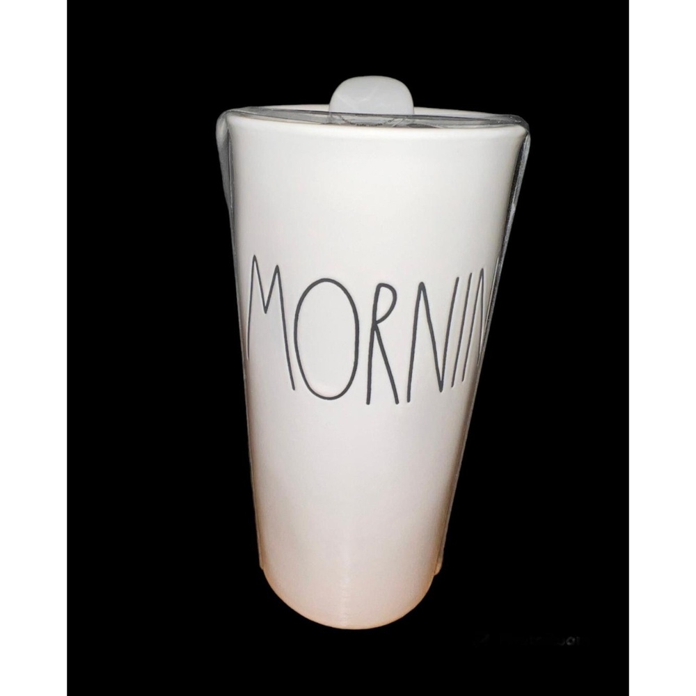 Rae Dunn Classic Ceramic Travel Mug / Tumbler MORNIN' w Lid White w Black LL New